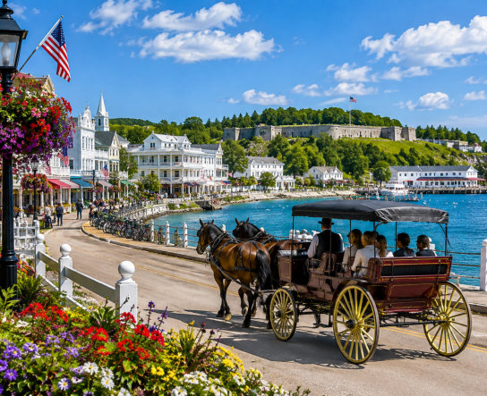 horse-drawn carriage with passengers travels along a waterfront