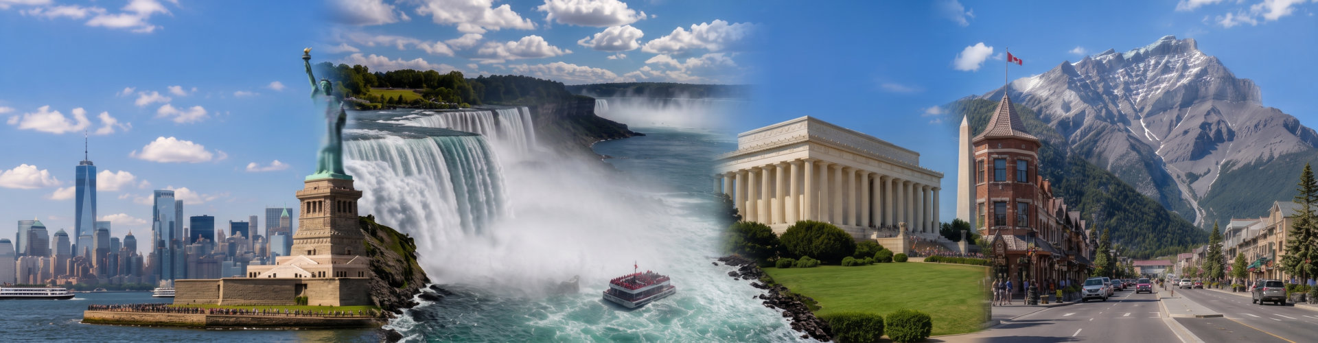 Panoramic collage of famous North American landmarks.